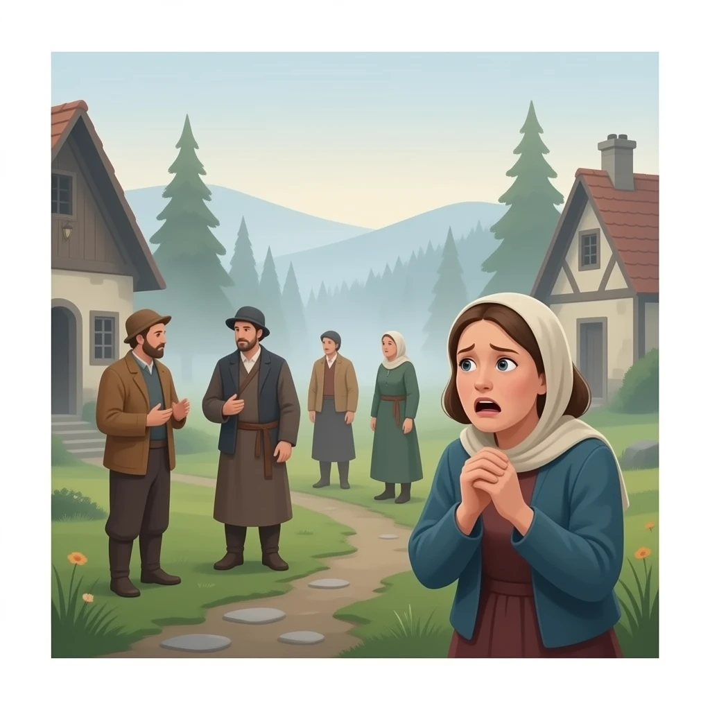 quiero un pueblo que salgan personas hablando entre ellas y una de ellas diga:que es lo que se escucha?todo esto lo quiero en ingles.que sea realista y la persona que dice eso que este asustada emoji