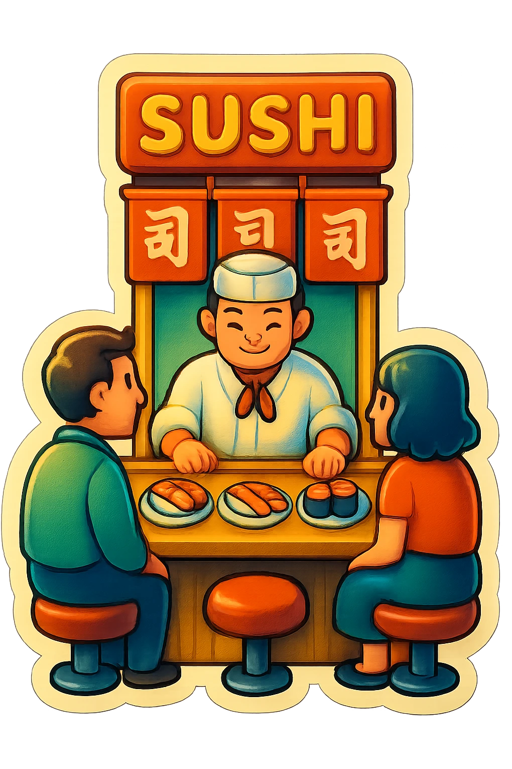 A sushi restaurant scene with a vintage setting and bright colors emoji