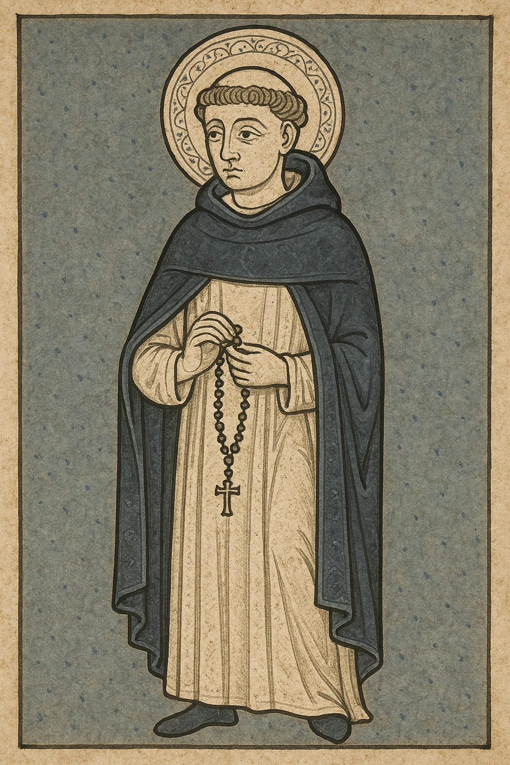 3rd Order Dominican monk wearing simple habit with black cape over white tunic, holding rosary, gentle humble expression, religious icon style emoji