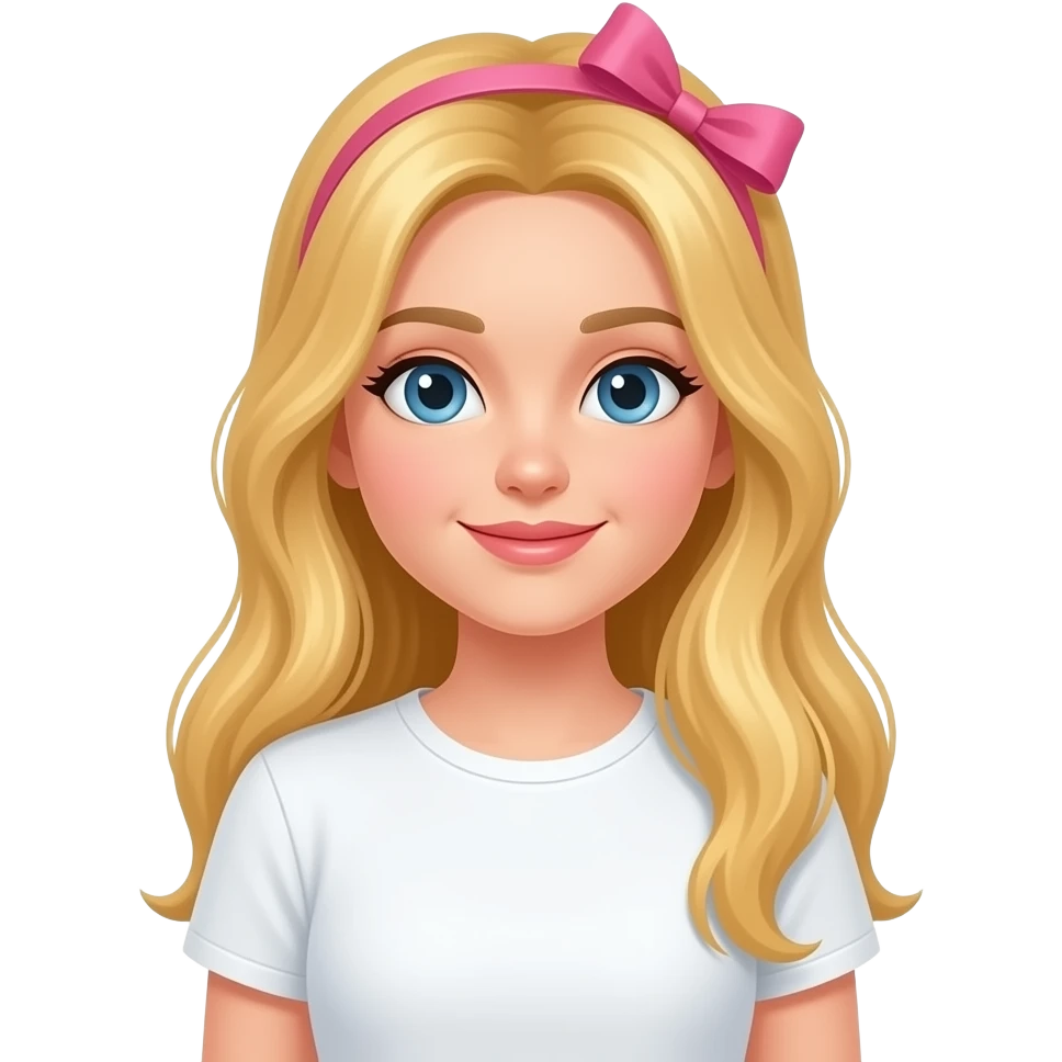 una chica con el pelo rubio y largo la camizeta de color blanco y un laso rosa el el pelo emoji