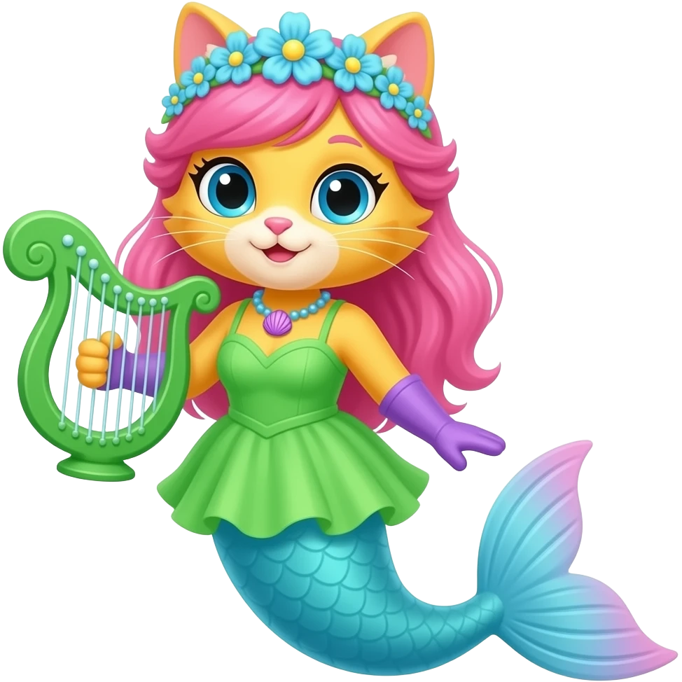 yellow cat with pink hair blue flower crown with light purple shell necklace green dress attached to light blue mermaid tail with pink fins purple gloves holding a green harp artistic creation, beautiful art emoji