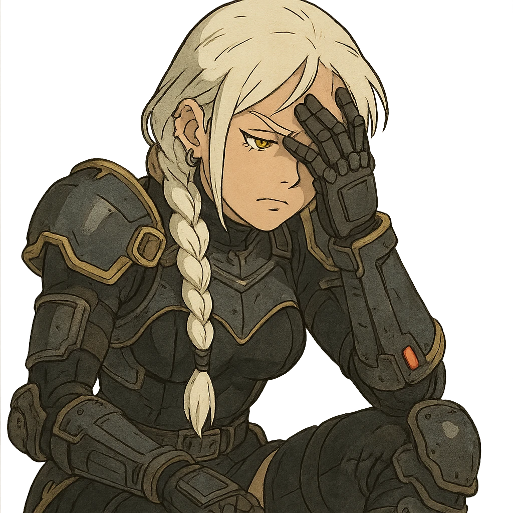  she is wearing armor, maximum power , facepalm smh, a closeup portrait of young woman with gold yellow eyes, white hair, long braid, black off-shoulder top d-cup, punk gothic style, futuristic cyberwave cyberpunk, sitting position emoji