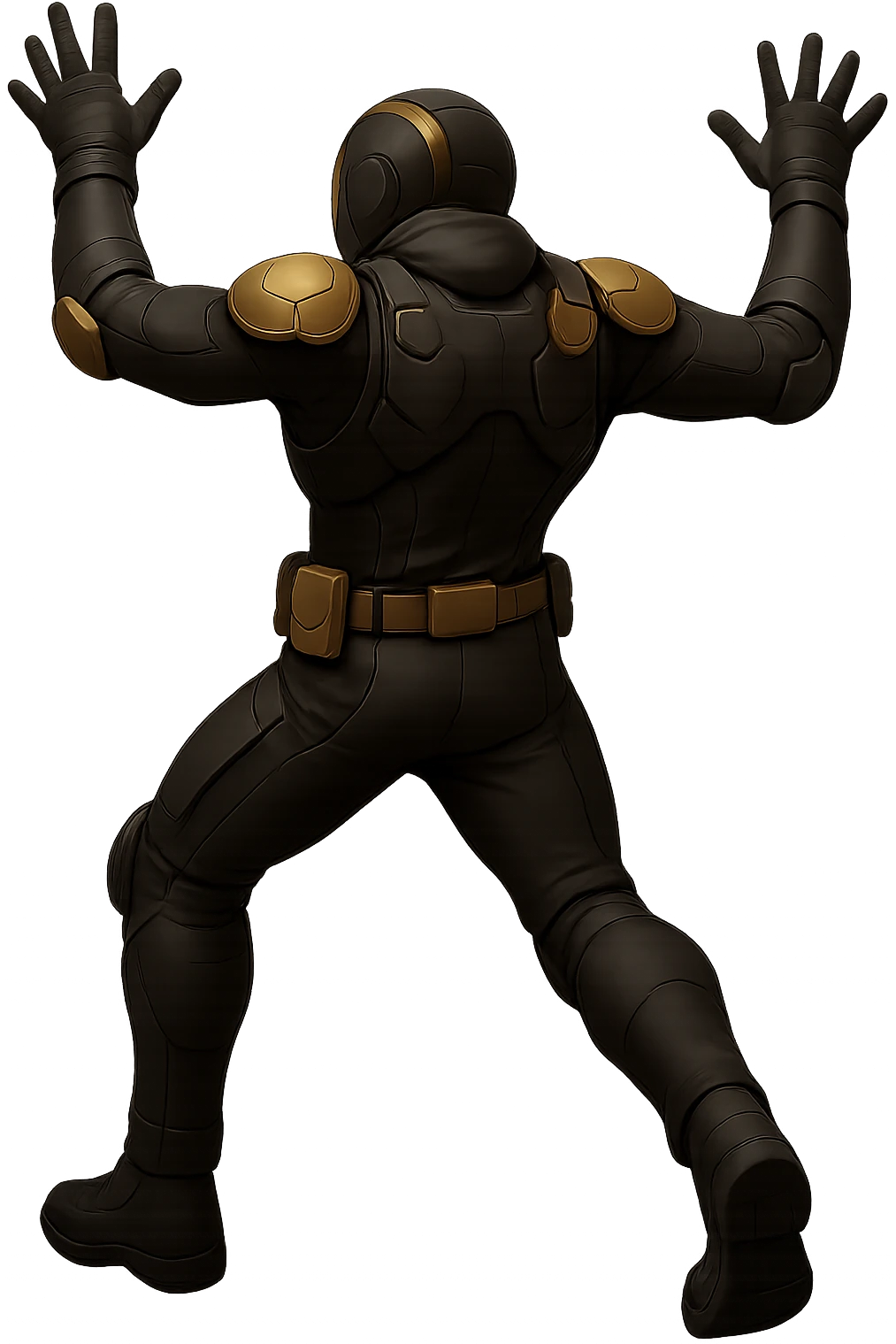 Edit the image of the armored soldier to show him from the rear view, standing with his arms flailing (not falling). Keep the original style and colors consistent. Use a transparent background. emoji