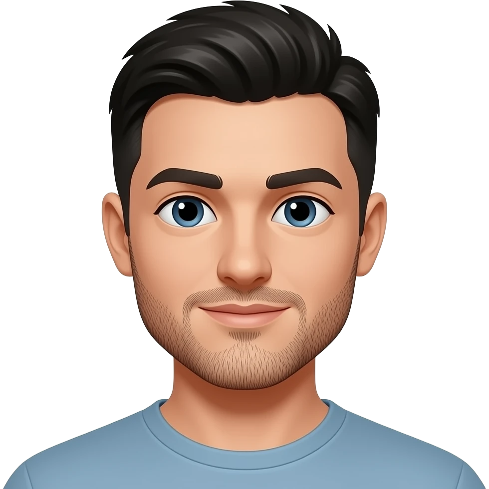 White guy with really shorter black hair facial stuble with a gote emoji