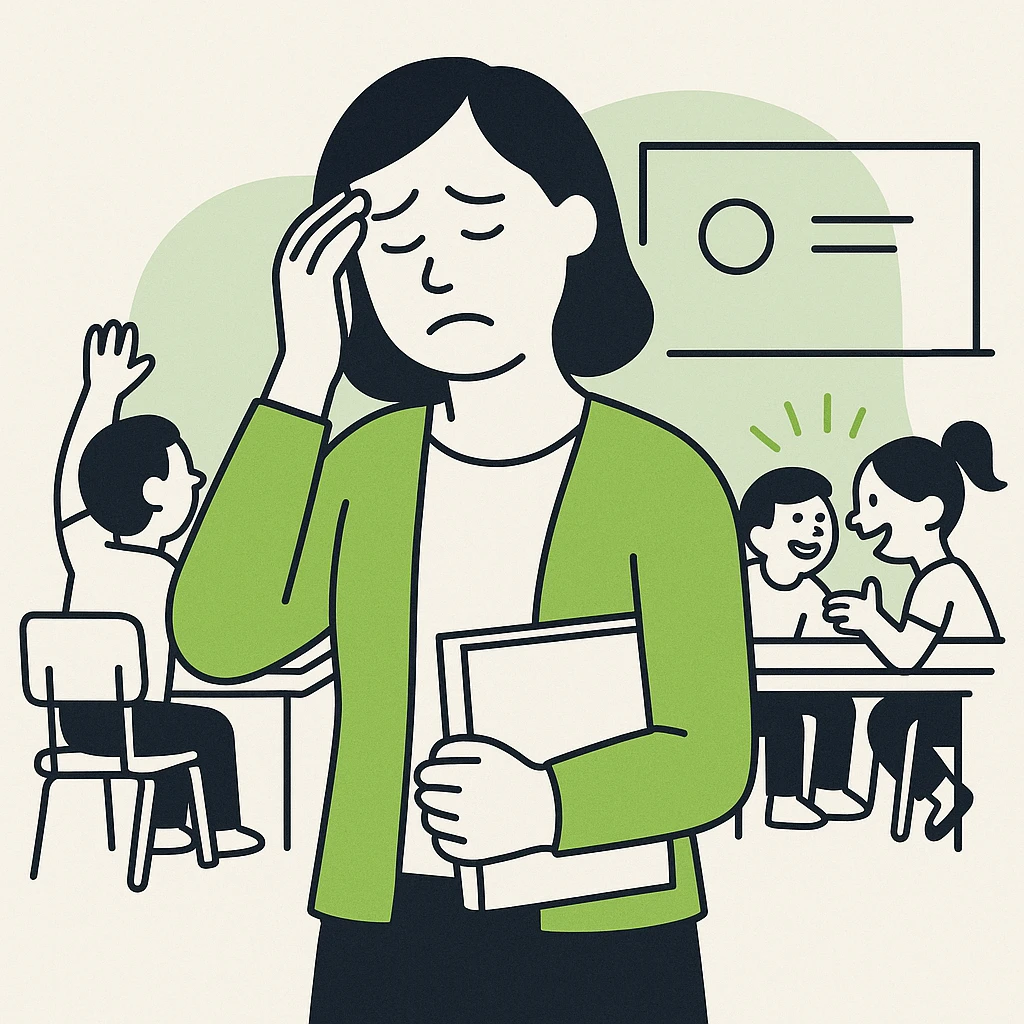exhausted teacher in a bustling classroom emoji