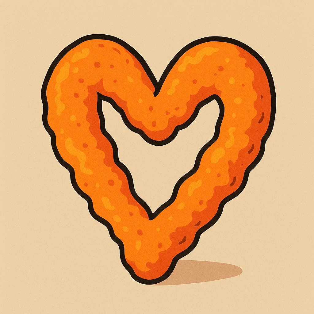 a Cheeto shaped like a heart, stylized, vibrant orange, on a clean background emoji