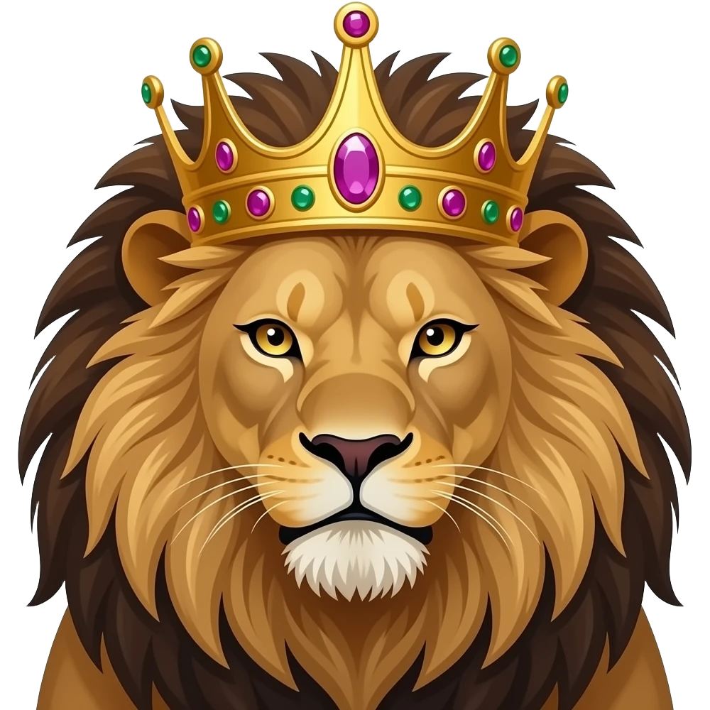 A hyper-realistic close-up portrait of a majestic male lion with a thick, wind-swept mane, wearing an ancient, heavy gold crown encrusted with rubies. Cinematic lighting, 8k resolution, depth of field, regal atmosphere emoji
