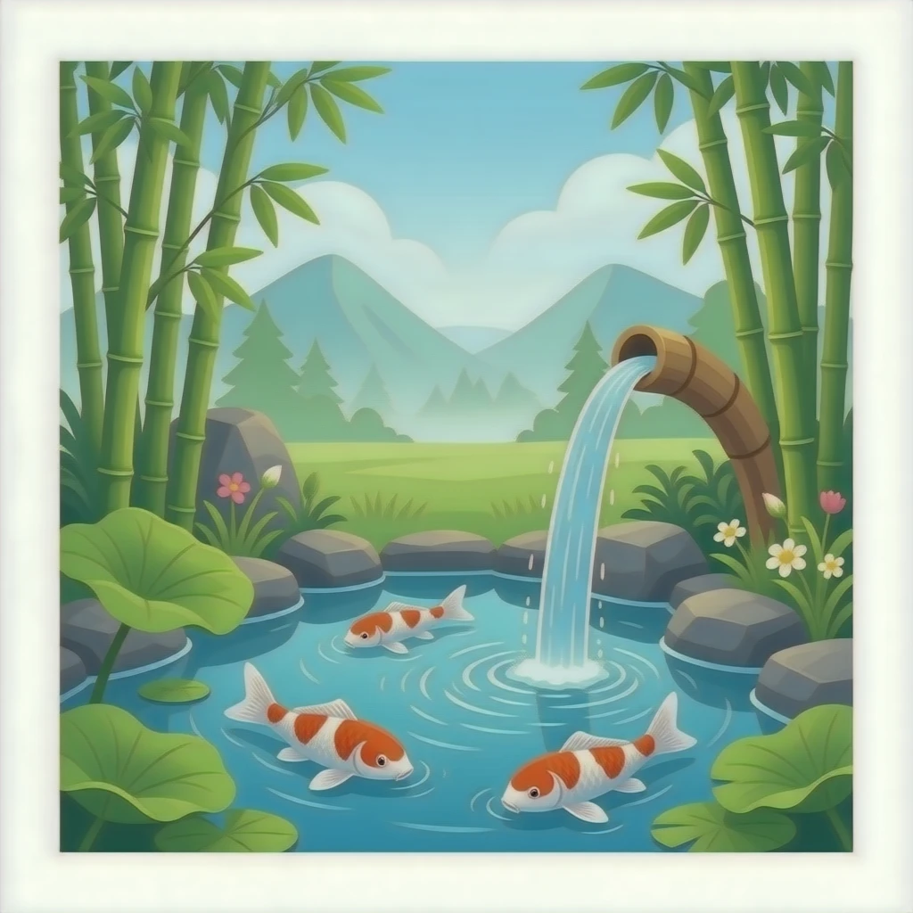 Romantic Asian koi fish pond and bamboo fountain scenic scenery landscape deco emoji