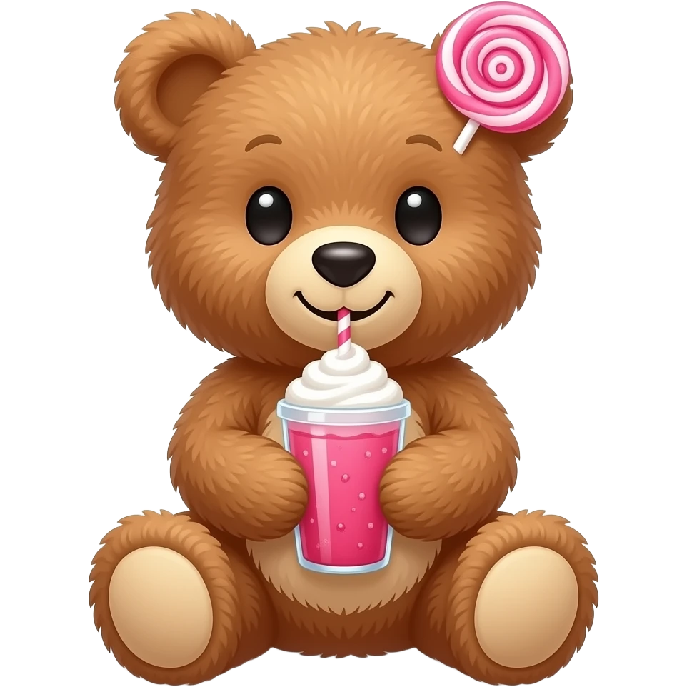 Un osito de pelucho tomando un batido con un lasito rosa en la oreja derecha emoji