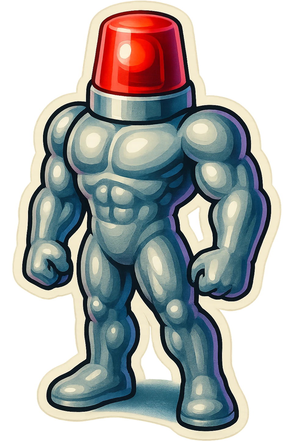 silver muscular robot with a red police light head, standing at attention in a 3/4 view, retro stickers style emoji