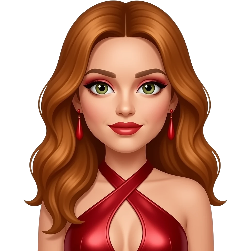 Jesy Nelson from Little Mix with hazel-green eyes, long ginger auburn hair, red eyeshadow and lipstick, red metallic halter dress, red earrings emoji