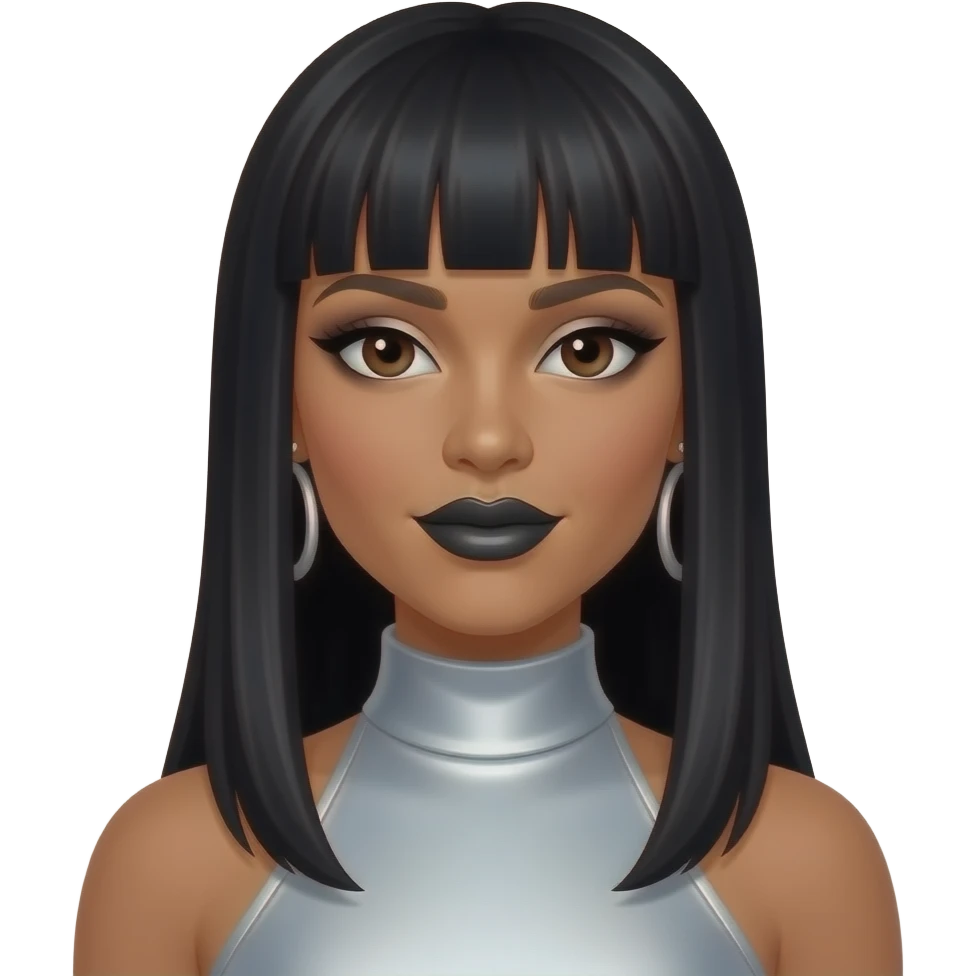 LeToya Luckett from Destiny's Child with dark brown eyes, long black fringe hair, silver eyeshadow, black lipstick, silver high neck dress, silver earrings emoji