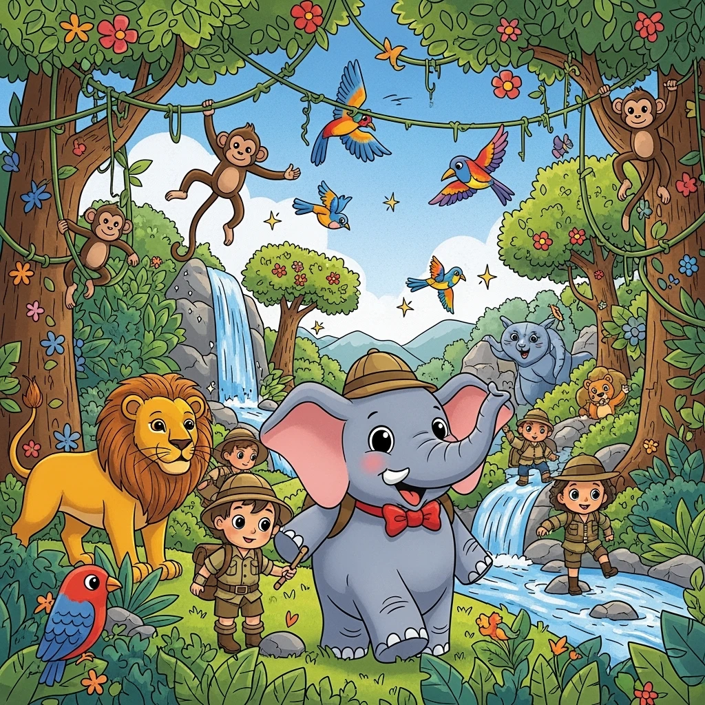 digital illustration of jungle safari in the style of children's illustration emoji