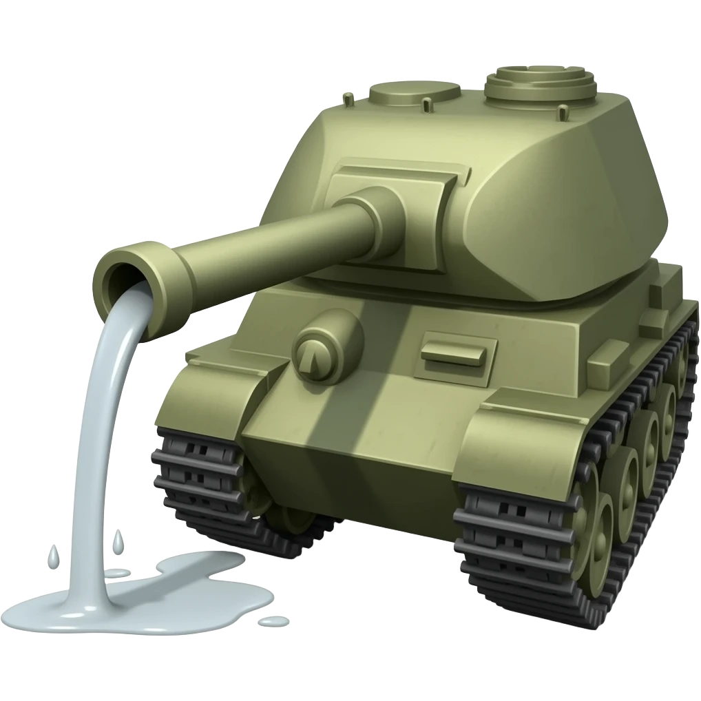 A tank that leaking white liquid from the main gun has low trajectory so the white liquid has an arc stream down the stream has to look as if it has been shot from the barrel emoji