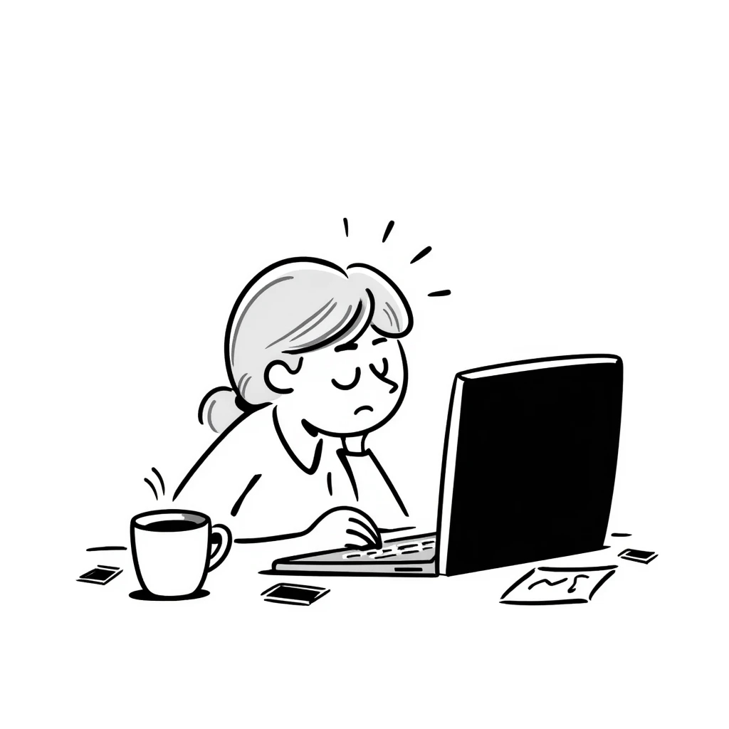 Exhausted blonde woman employee working on a laptop emoji