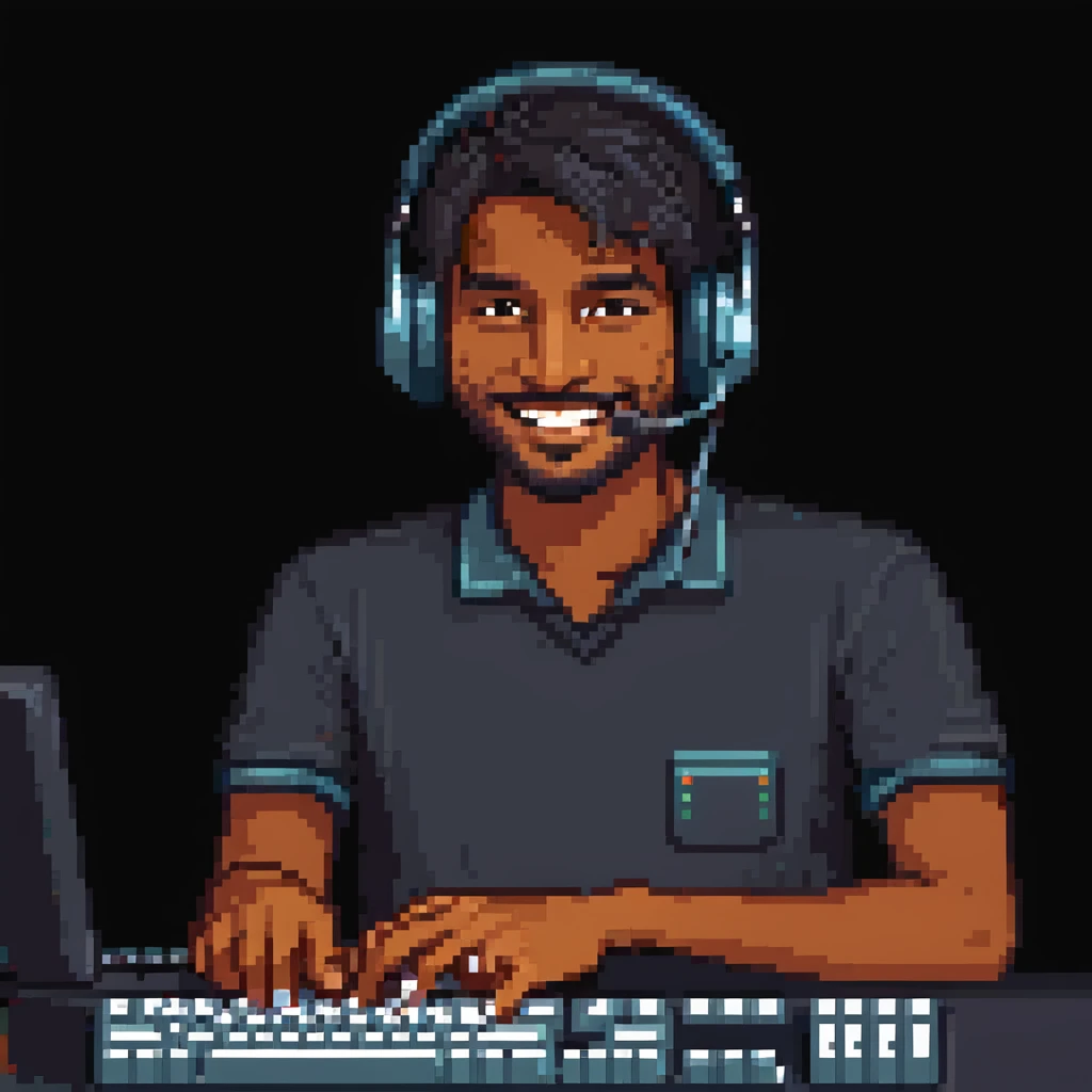 Indian man with a headset, typing on a keyboard, mischievous smile, cubicle setting, pixel art style emoji
