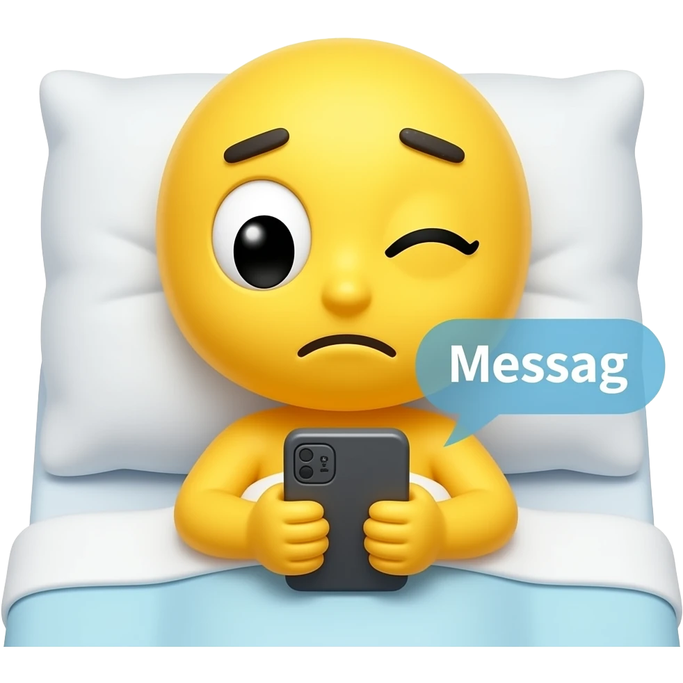 Cute & funny good morning yellow emoji face that looks tired and has only one eye open and the other eye shut reading phone messages in bed emoji