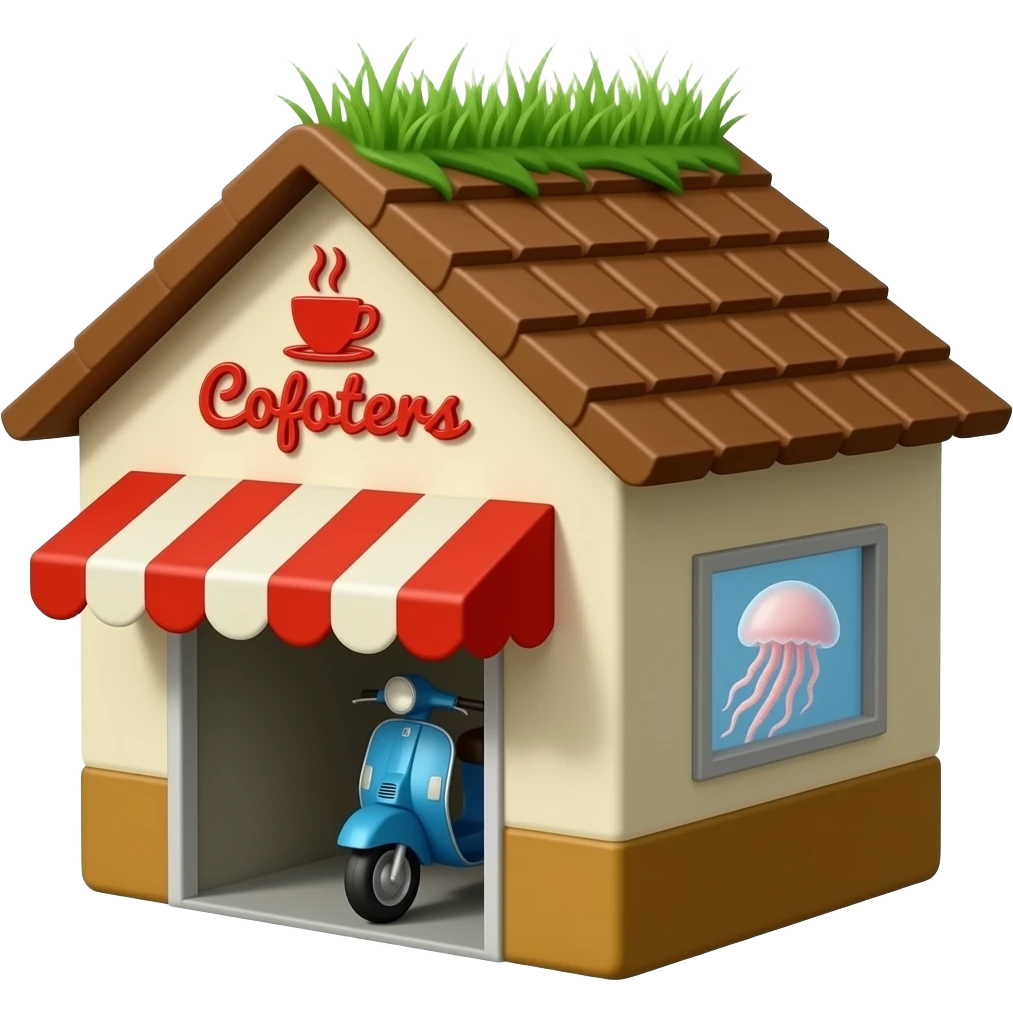 A small coffee shop named scooters with a pitched roof with grass growing on it. The logo is red, the building walls are tan and brown. A drive-through window flanks the front. A jellyfish is in the drive-through.  emoji