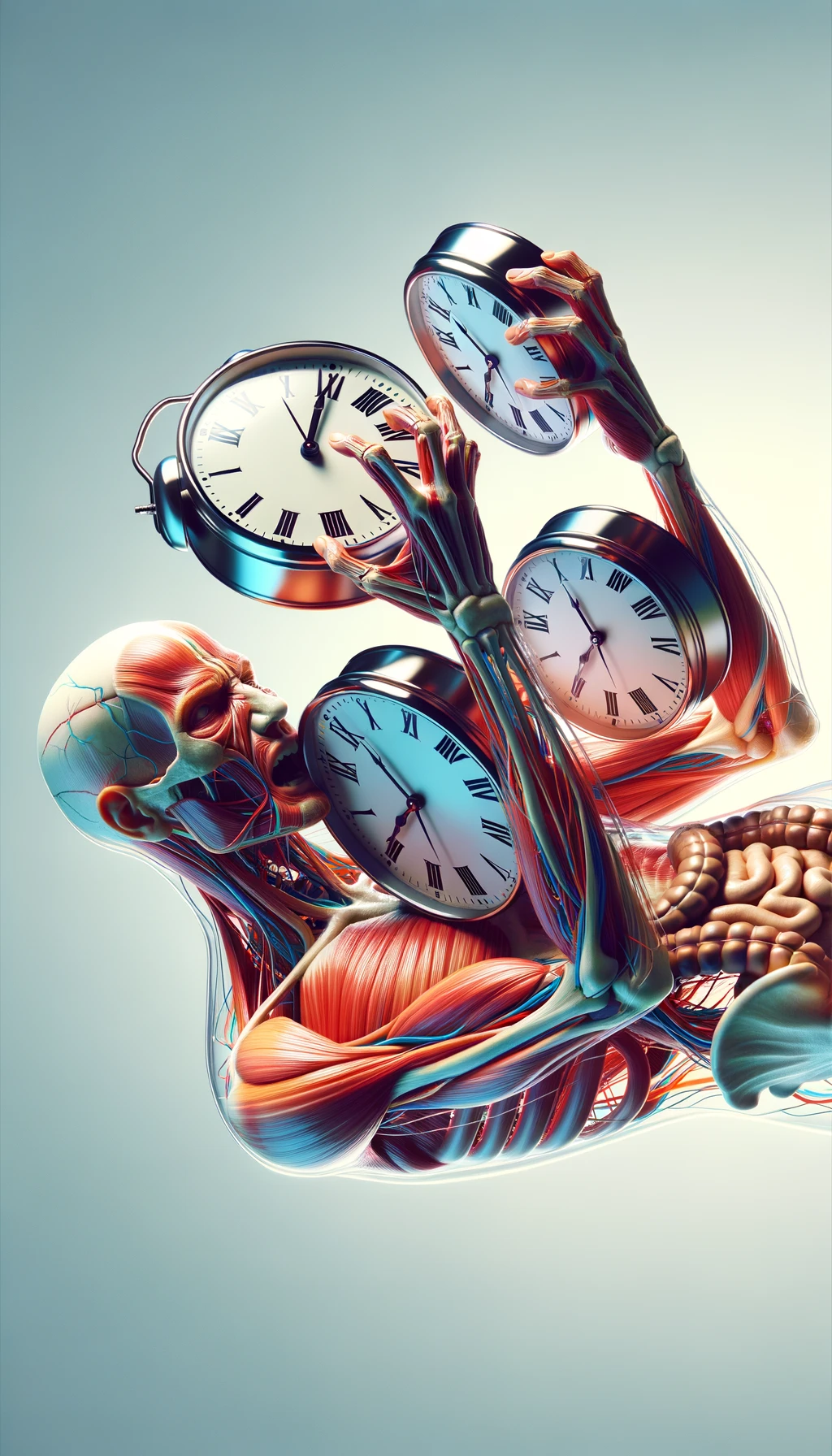 corpo umano anatomico CHE TIENE OROLOGI NELLE MANI E STA IMPAZZENDO PERCHé NON RIESCE A SVOLGERE TUTTE LE SUE ATTIVITà QUOTIDIANE: NON HA TEMPO, SFONDO CHIARO, iperrealistico 4k emoji
