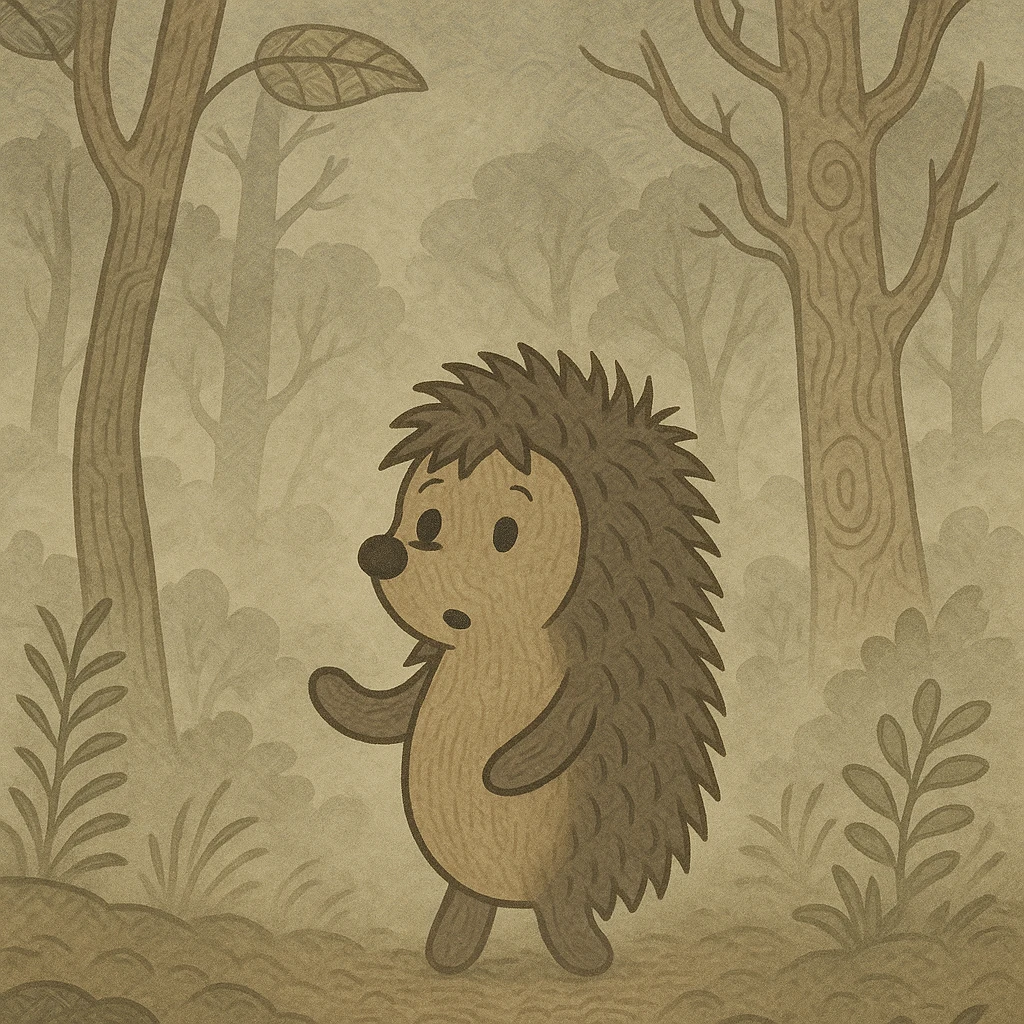 hedgehog in the fog from Soviet cartoon, foggy forest, cartoon style, soft colors, Soviet animation style emoji