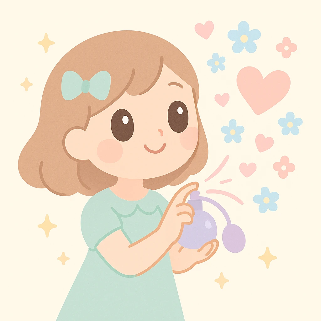 a whimsical scene of a girl spraying perfume, with the mist forming heart and flower shapes, in a dreamy, enchanting style emoji