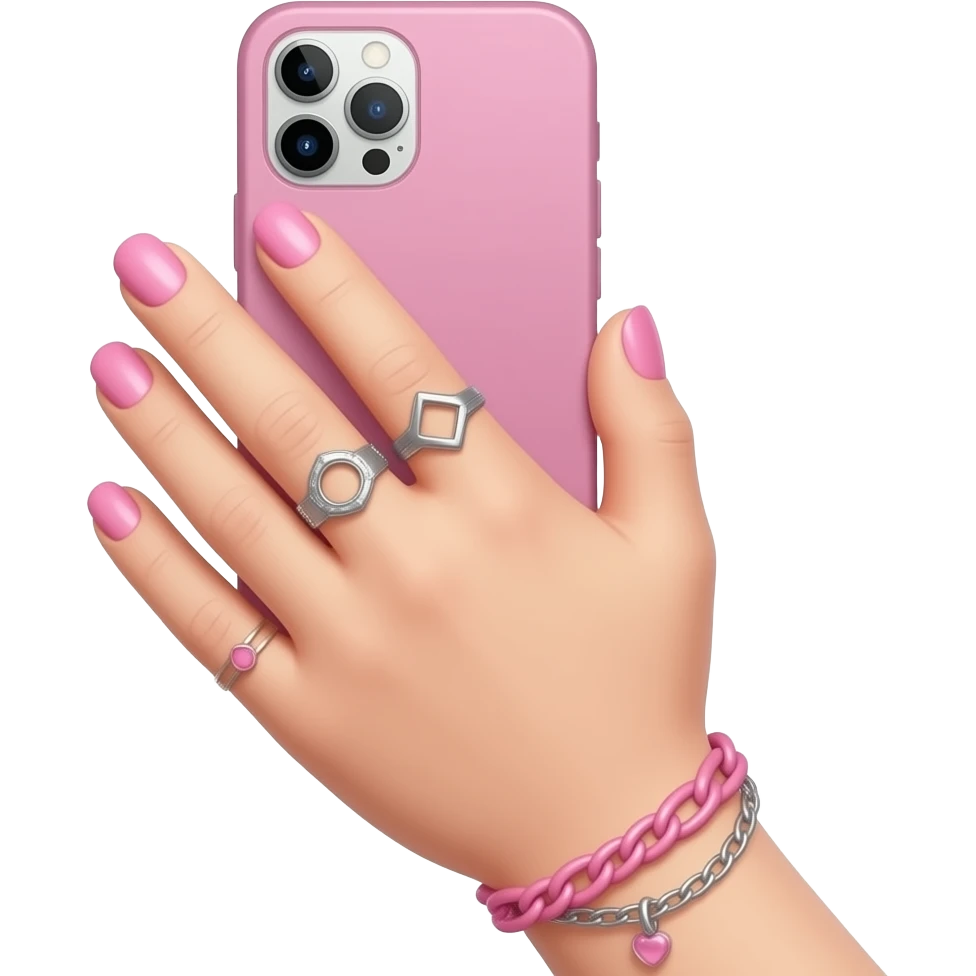 cute girls hand with pastel and pink nails, rings, and accessories. holding iphone with screen upwards emoji