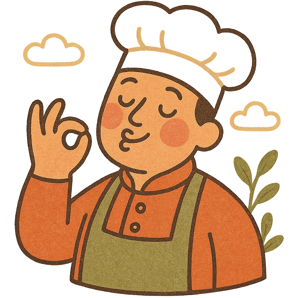 happy chef with rosy cheeks, making 'chef's kiss' gesture, classic toque, friendly and cute emoji