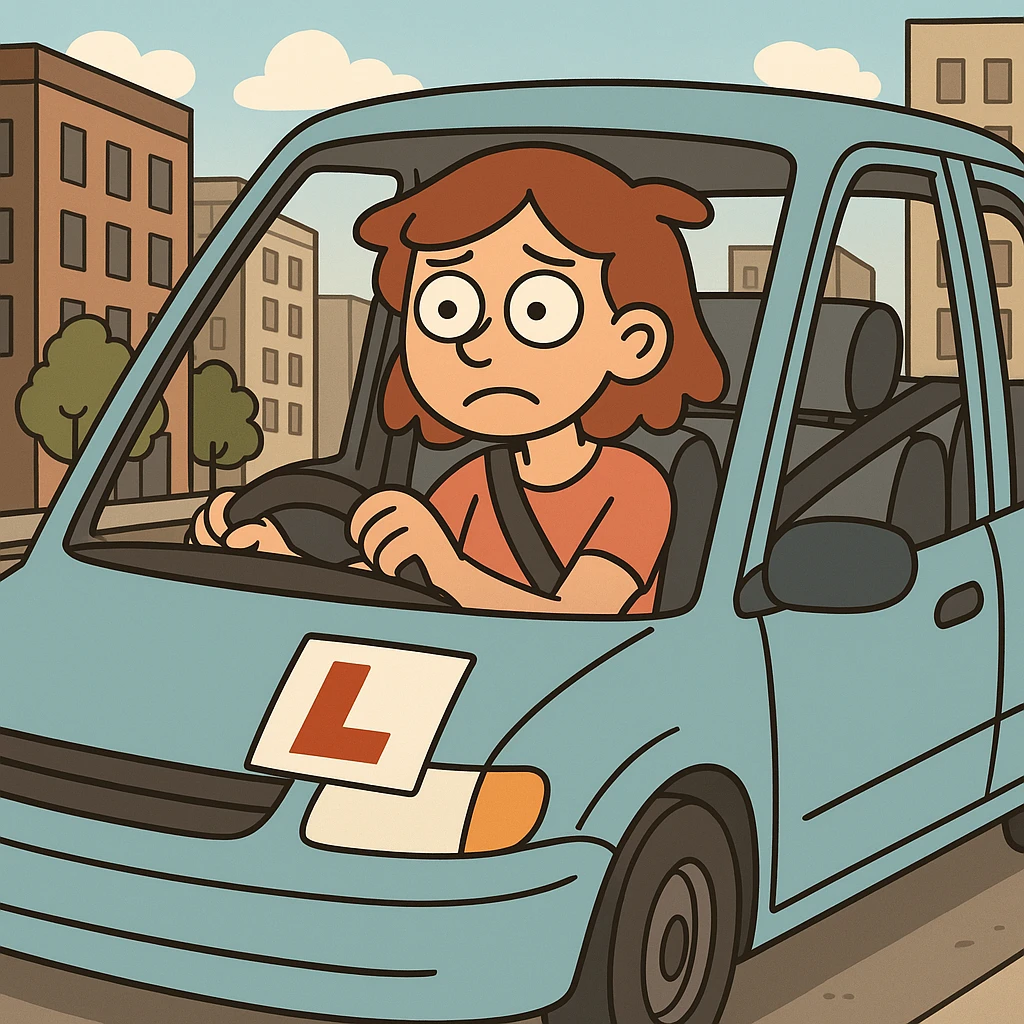 Add a simple city background, keep the learner driver in the car with visible L-plate, cartoon style flat toon illustration. emoji
