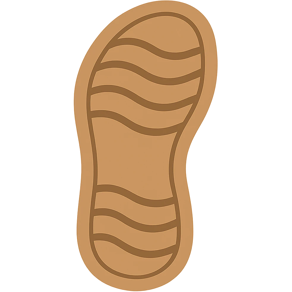 Create an Apple emoji style sandal sole with minimal detail, matching the angle of the reference image, viewed from the bottom, with a slightly lighter color tone. The style should replicate the clean, simple, and colorful look of Apple emojis. emoji