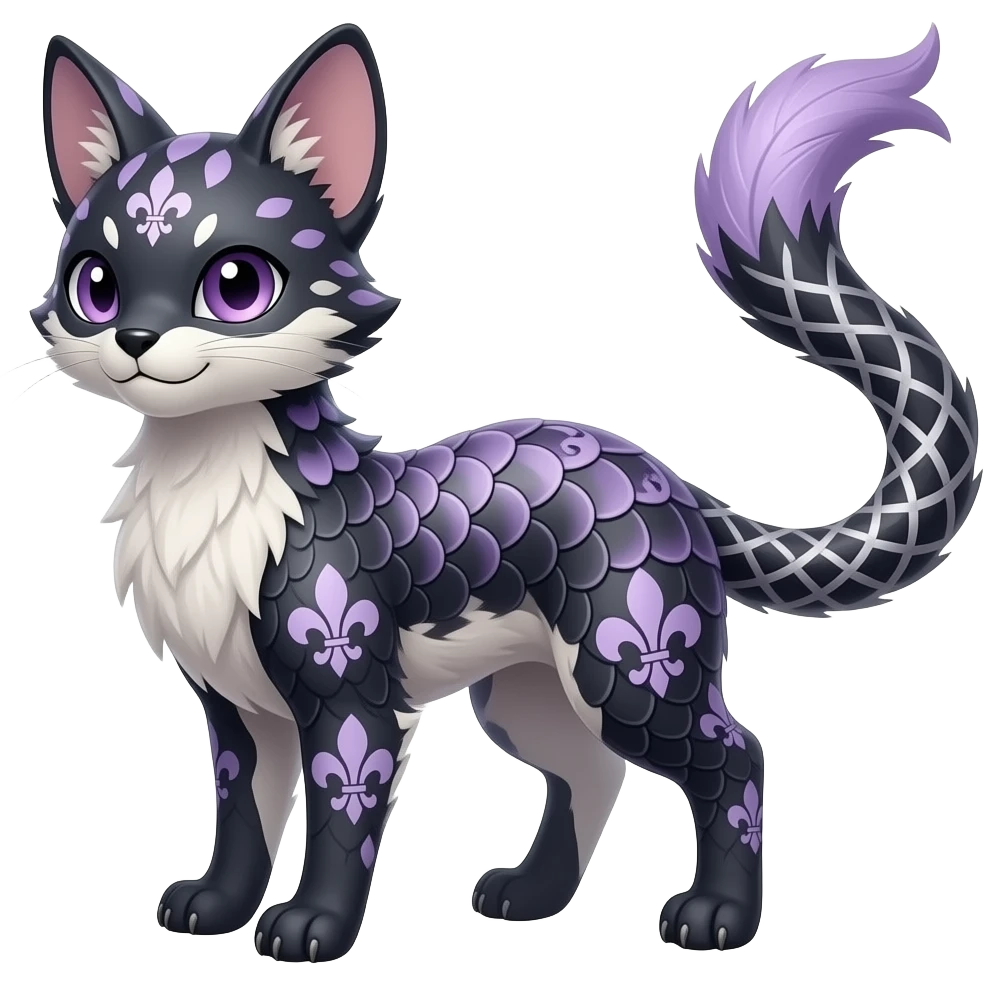 Fleur de Lis-patterned basketweave-patterned feathery elegant realistic Furry, feathery fluffy tropical flecked painted feathery scaly, Purple, white, black, Minccino-Bambino-Lykoi-Linoone-Zangoose-fusion-hybrid-animal-Fakémon-creature, full body, thin long sleek scaly tail, intricate markings emoji