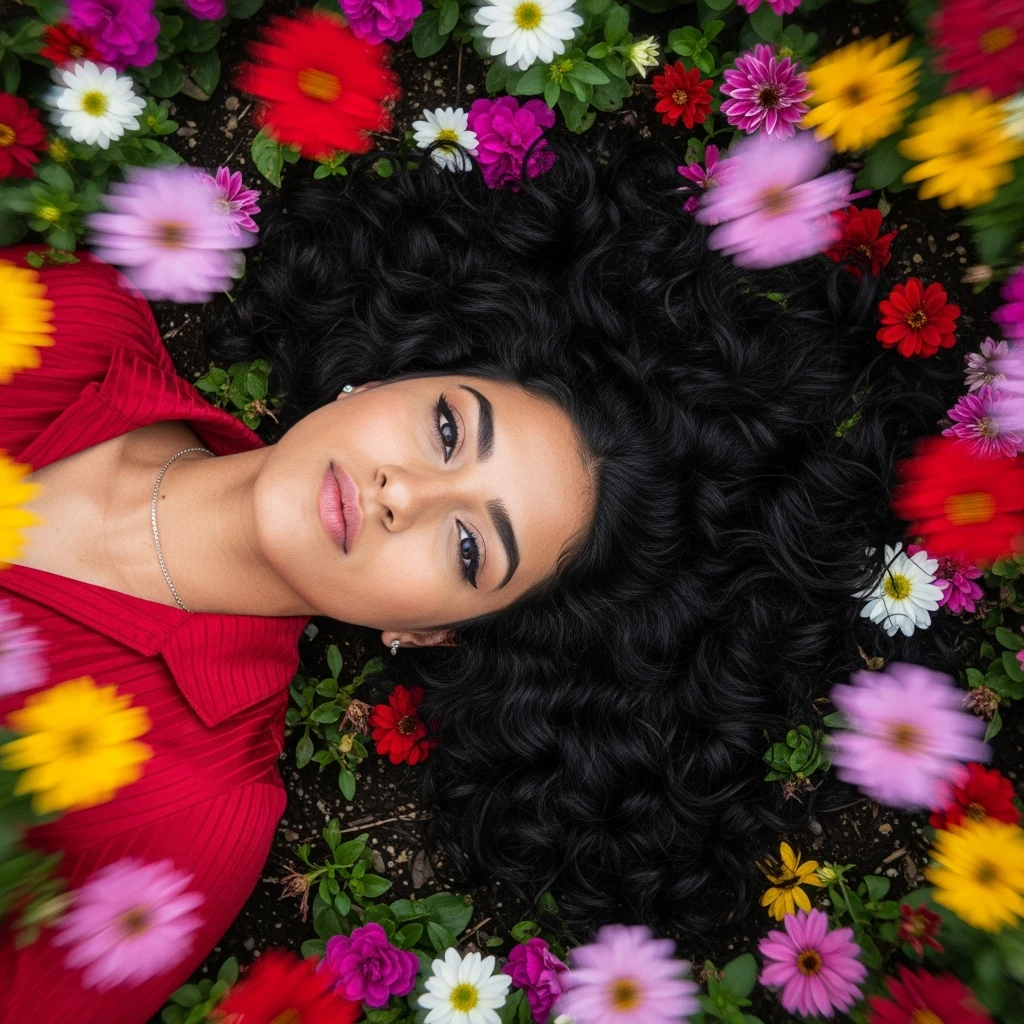Overhead shot, extreme closeup of a stunning woman lying among multicolored flowers, dramatic cinematic light, ultra high resolution 8K, crisp details, pronounced depth layers, intense motion blur emoji
