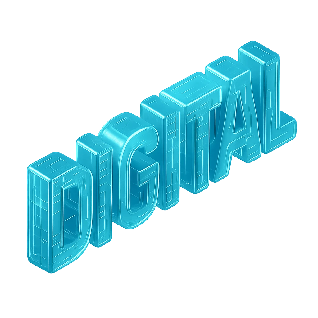 The word "DIGITAL", cyan blue emoji