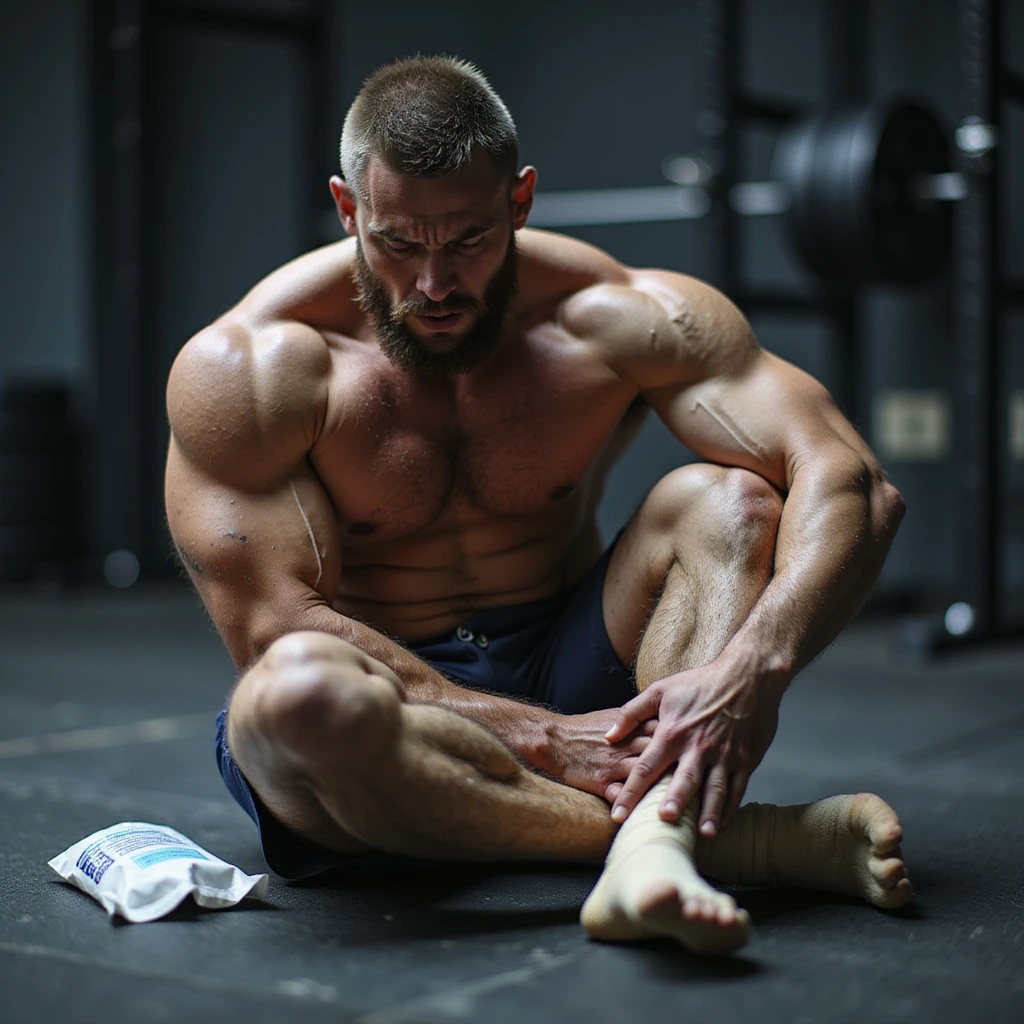 European powerlifter in competition clothing, sitting on the gym floor holding knee with acute pain expression, ice pack and bandage nearby, injury atmosphere, realistic details, gym background. emoji