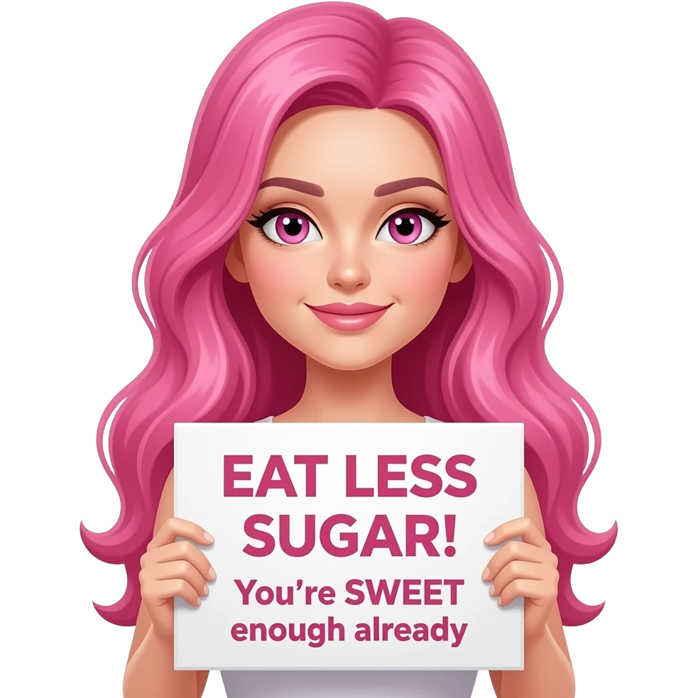 sexy girl with long pink hair and pink eyes wearing a holding a EAT LESS SUGAR! You're SWEET enough already sign emoji