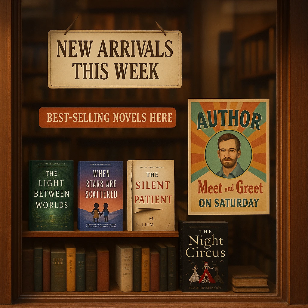 Bookstore window display. A sign displays “New Arrivals This Week”. Below, a shelf tag with the text “Best-Selling Novels Here”. To the side, a colorful poster advertises “Author Meet And Greet on Saturday” with a central portrait of the author. There are four books on the bookshelf, namely “The light between worlds” “When stars are scattered” “The slient patient” “The night circus” emoji