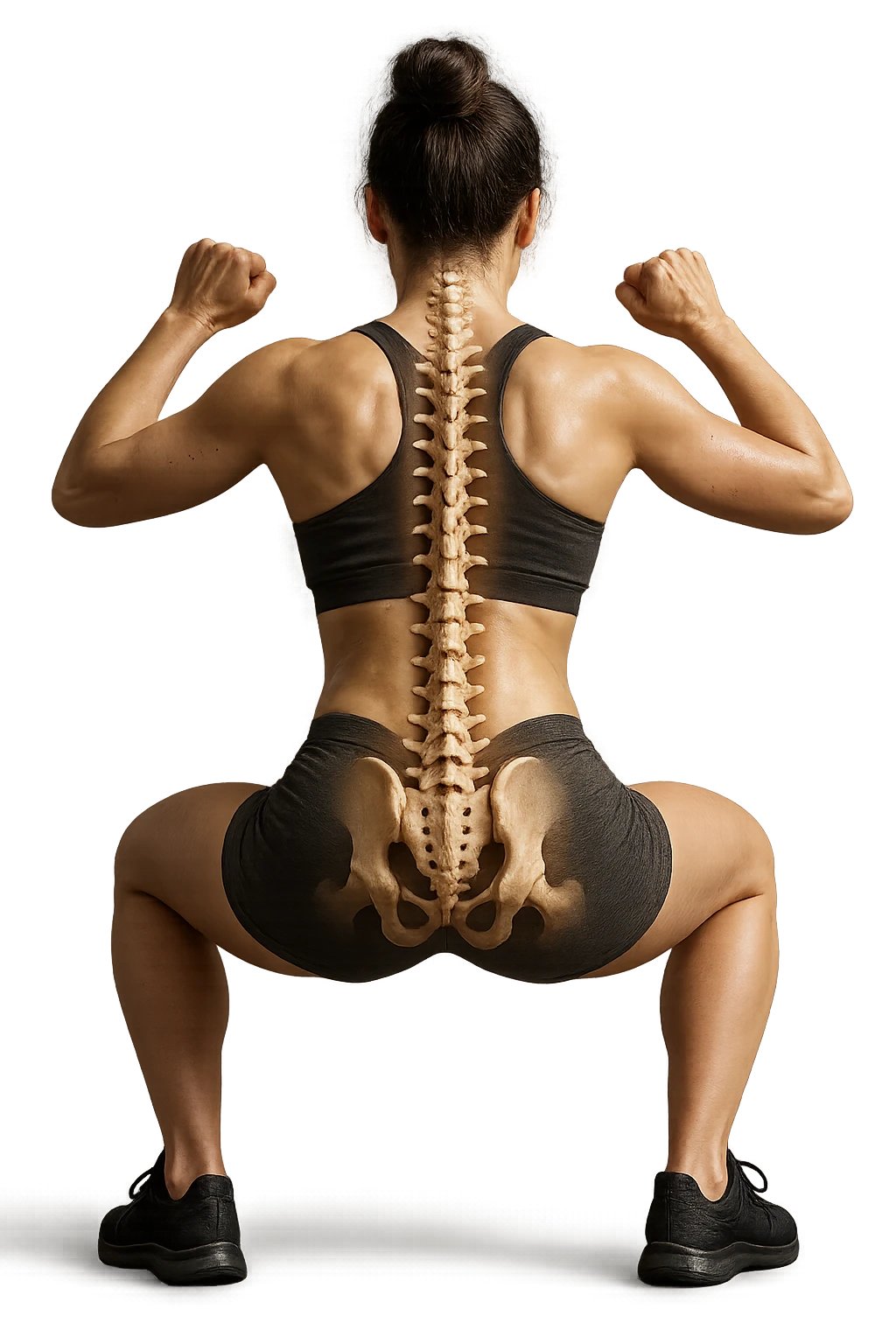 donna di spalle che fa squat con spina dorsale anatomica in evidenza, iperrealistica 4k emoji
