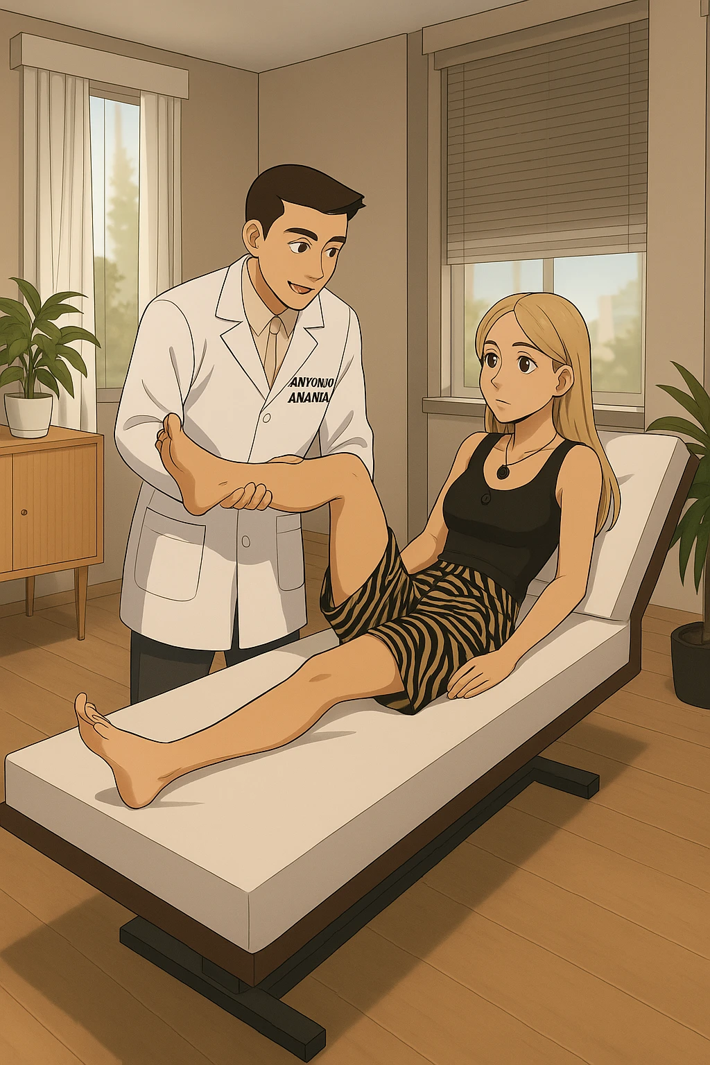 fai un webtoon/manga a colori con questo kinesiologo in camice bianco (fagli la scritta "ANTONIO ANANIA" SUL CAMICE) CHE SVOLGE UN TEST NEUROMUSCOLARE SOLLEVANDO UNA GAMBA ALLA RAGAZZA CHE è STESA SU UN LETTINO BIANCO. STANZA SEMPLICE E MODERNA, DURANTE IL TEST I DUE DIALOGANO TRA LORO. NON FARE I FUMETTI, FAI SOLO LORO COME SE DIALOGASSERO emoji
