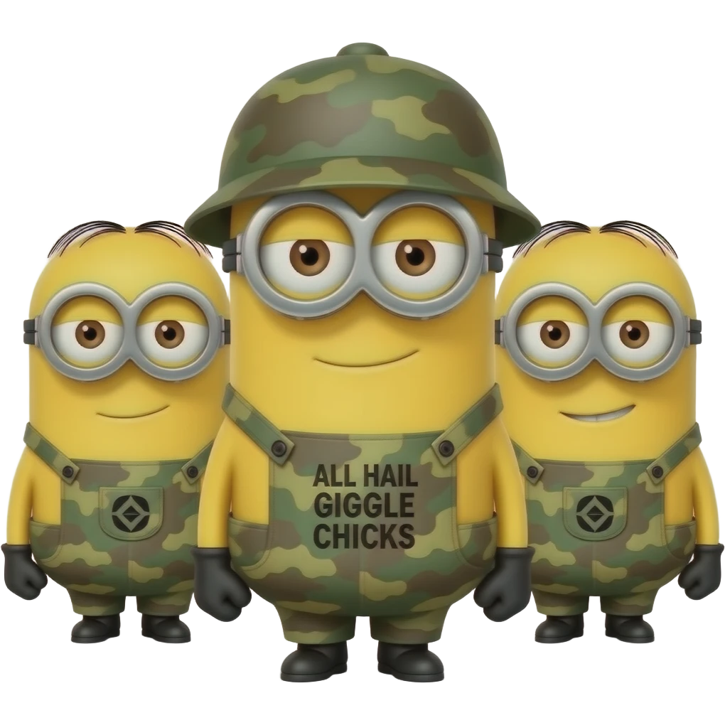 Goup of minions IN ARMY FATIGES  text  ALL HAIL GIGGLE CHICKS emoji