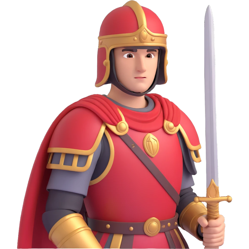 roman empire soldier, classic lorica segmentata armor, red tunic, helmet with cheek guards, holding sword emoji