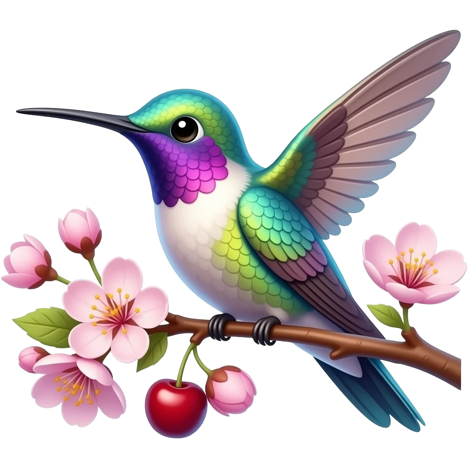 illustration, Whimsical colorful iridescent Hummingbird still life. Vivid Whimsical color scheme, ultra detailed with cherry blossoms,, hyperrealistic. 8k, 5000x5000, clean, very thin lines, smooth appearance, 3D, no emoji icons or faces, full transparent background  emoji