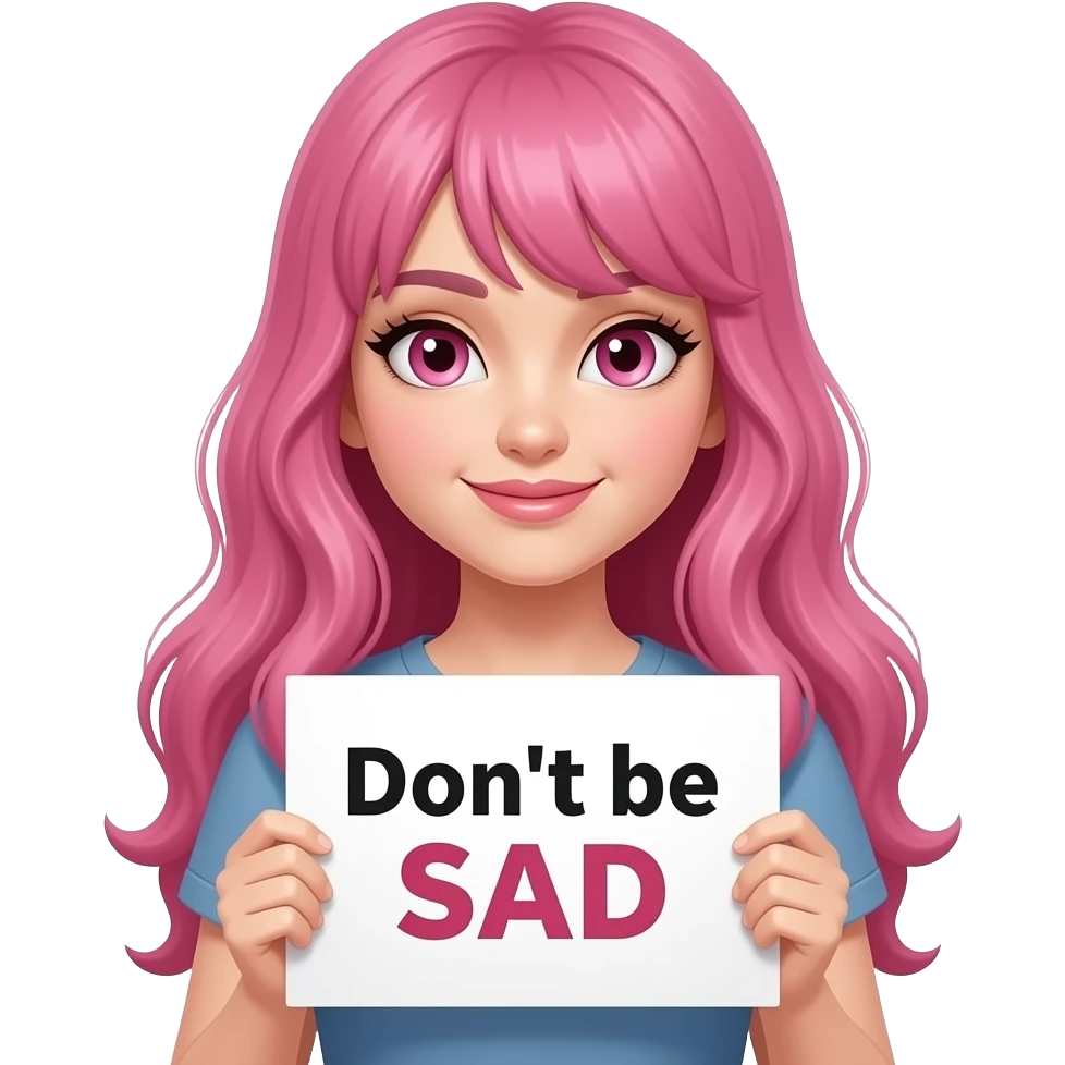 sexy girl with long pink hair and pink eyes holding Don't be SAD sign emoji