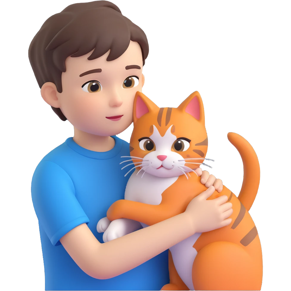 boy and cat pet in forrest background, close up pose emoji