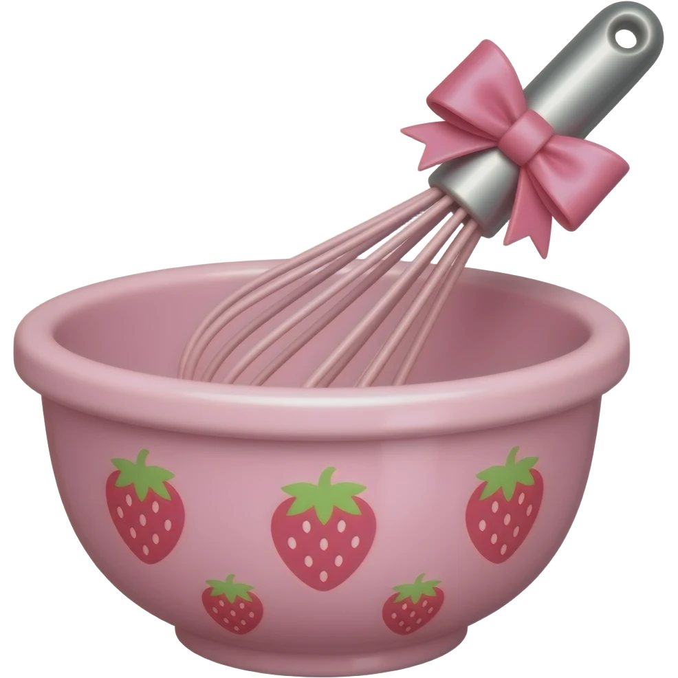 whisk with pink bow in a pink mixing bowl with strawberry designs emoji