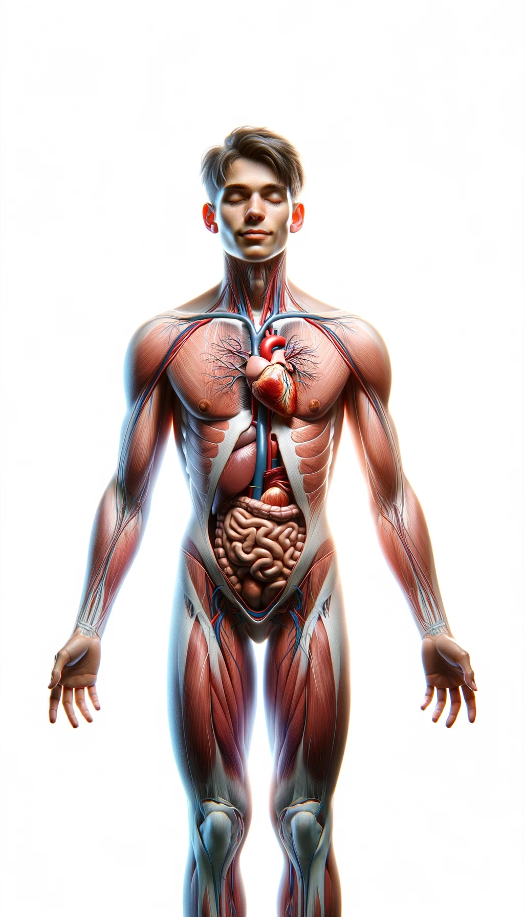 corpo umano anatomico con capelli corti in perfetta salute con gli occhi chiusi ed espressione serena a figura intera fino alle ginocchia, cuore e organi in evidenza, iperrealistica 4k, isolato su sfondo bianco emoji