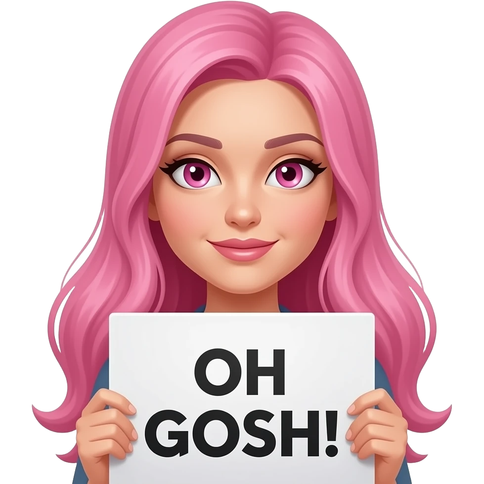 sexy girl with long pink hair and pink eyes wearing a holding a OH GOSH! sign emoji