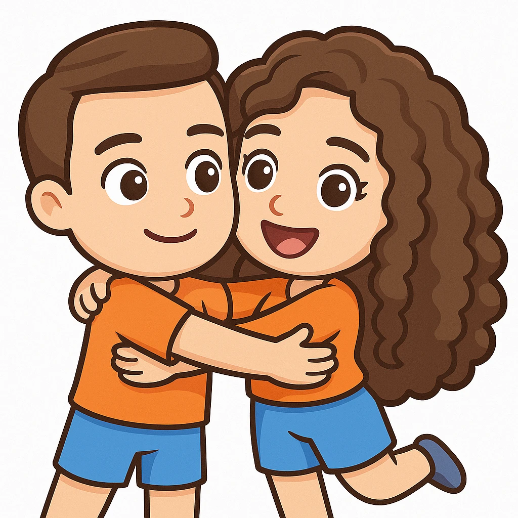 3D cartoon male and female characters with white skin and brown hair; male with short fade haircut, female with long natural curls, embracing each other in a warm, playful hug. Bitmoji-like style suitable for emoji use with a transparent background. emoji