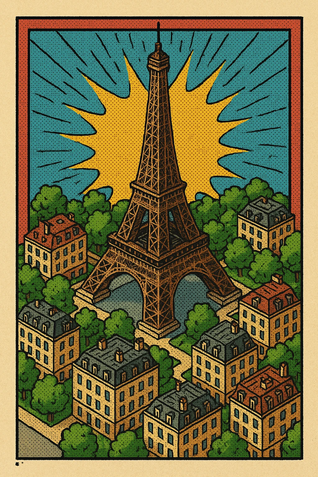 Isometric illustration of Paris, featuring the photorealistic Eiffel Tower surrounded by small Parisian buildings and trees, highly detailed in semi-realistic style emoji