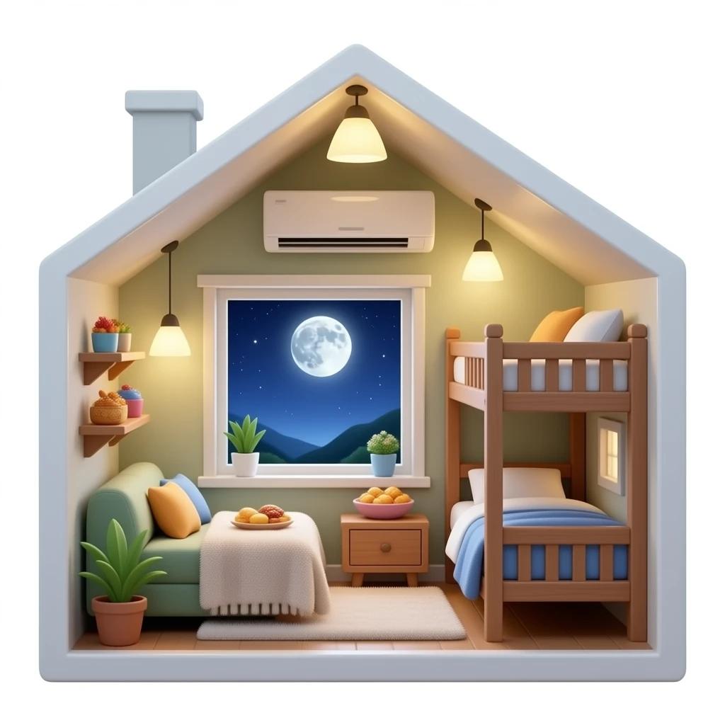 Yummy snacks and ldc lights  and cozy fuzzy blankets and a flying home  in night and a cozy moon and a big window and snacks and inside the house is flying and thers a aircon and a bucnk bed and it needs to be big front  view emoji