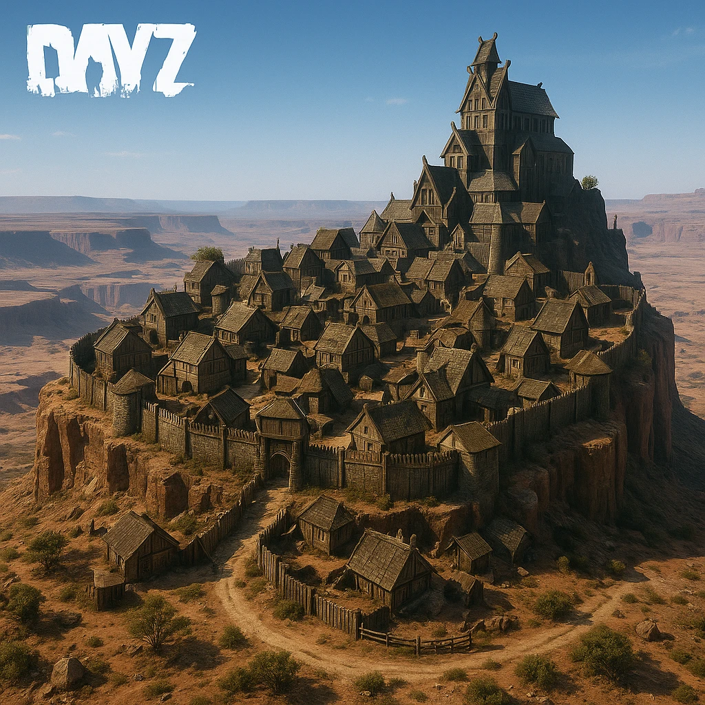 A small hilltop mesa city in the videogame dayz, screensot, based on whiterun emoji