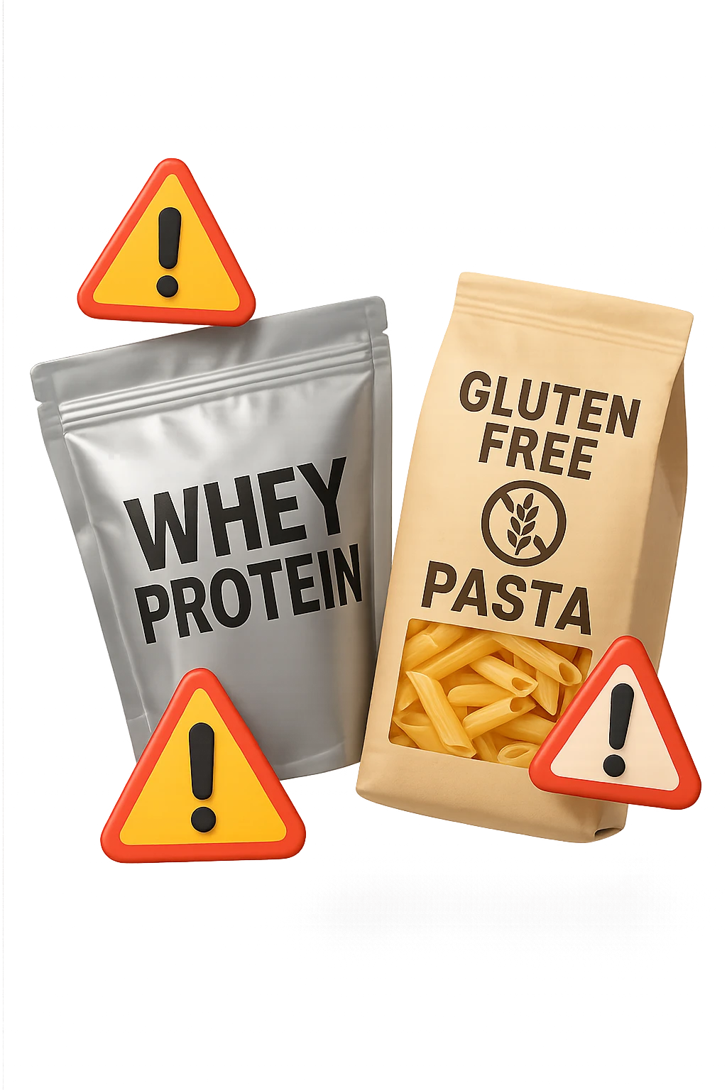 SU QUESTO STILE FAI UN EMOJI STILE IPHONE 3D DI UN pacco di whey protein e un pacco di pasta senza glutine che fluttuano in aria insieme a segnali di pericolo in 3d, FALLO MOLTO REALISTICO IN 3D emoji